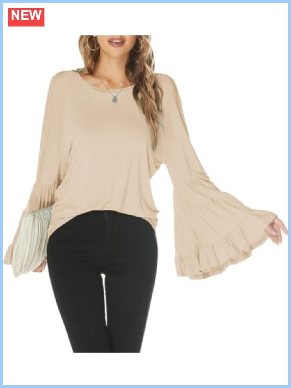 Hount Women's Long Bell Sleeve T-Shirt Loose Crew Neck Ruffle Flare Top
